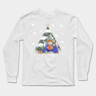 Little boy in a teepee den with story book and puppy surrounded by stars Long Sleeve T-Shirt